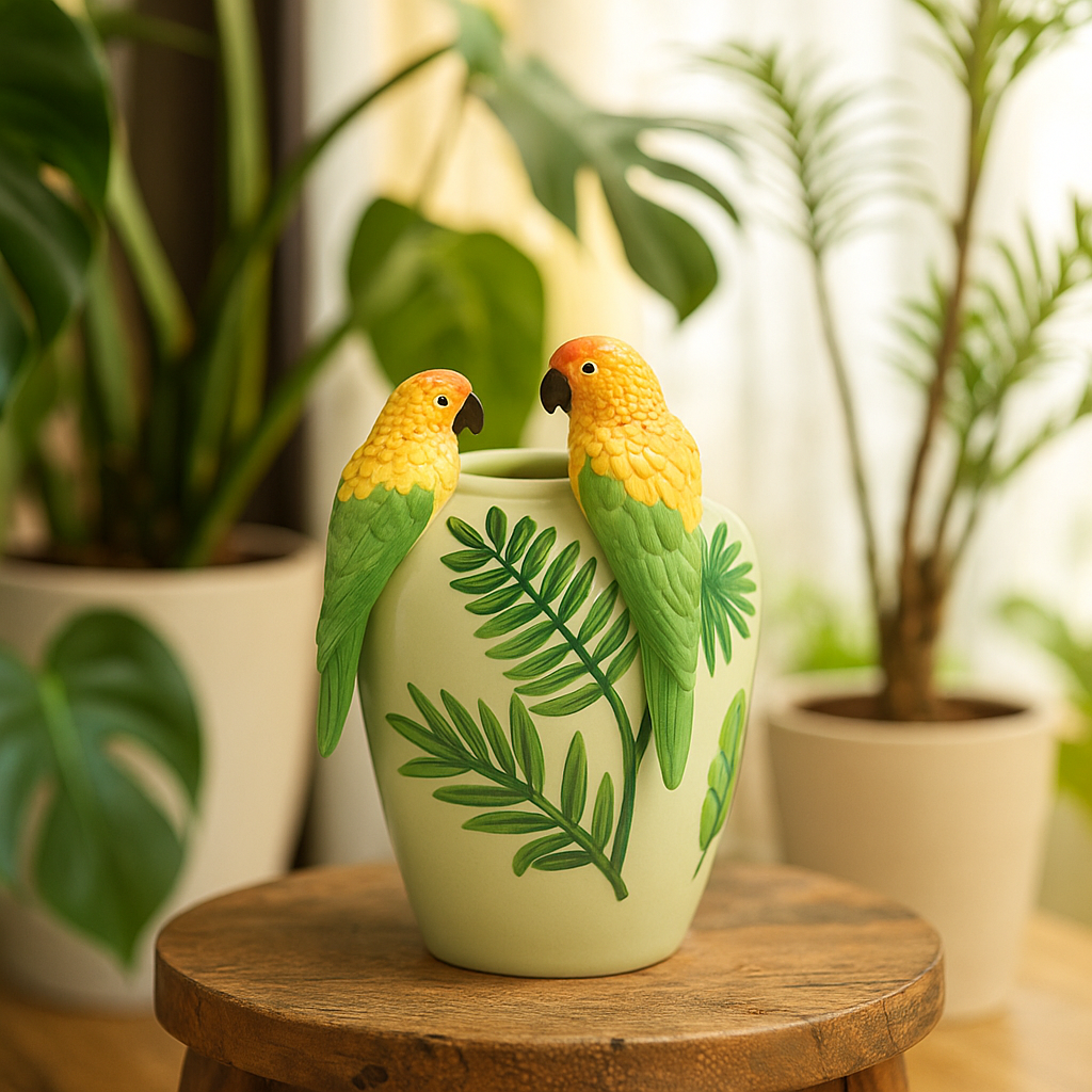 Ceramic vase light green with 2 macaws and branches – H 12.20 in Ø 7.87 in