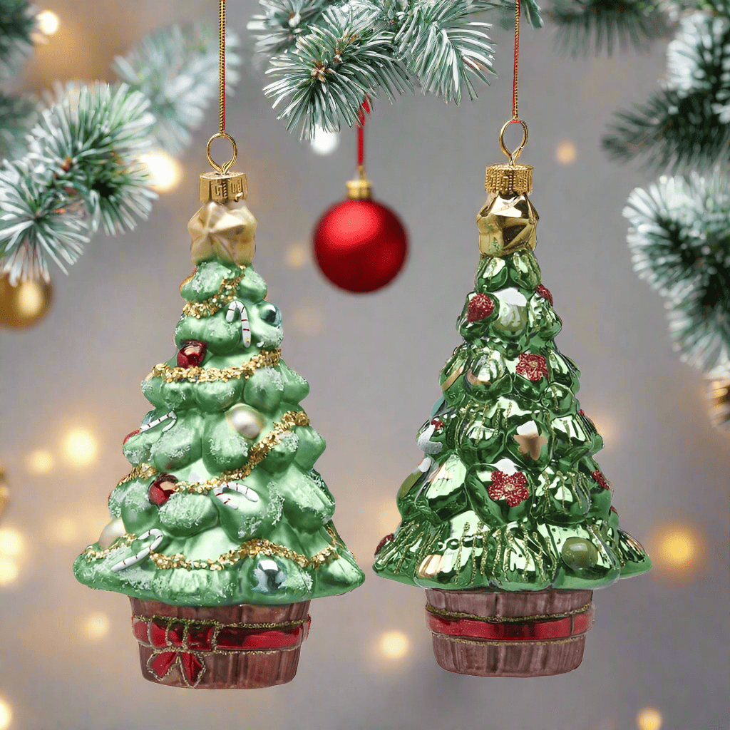 Christmas decoration - 2 pine trees with gifts - glass H 6.1" Ø 3.3"