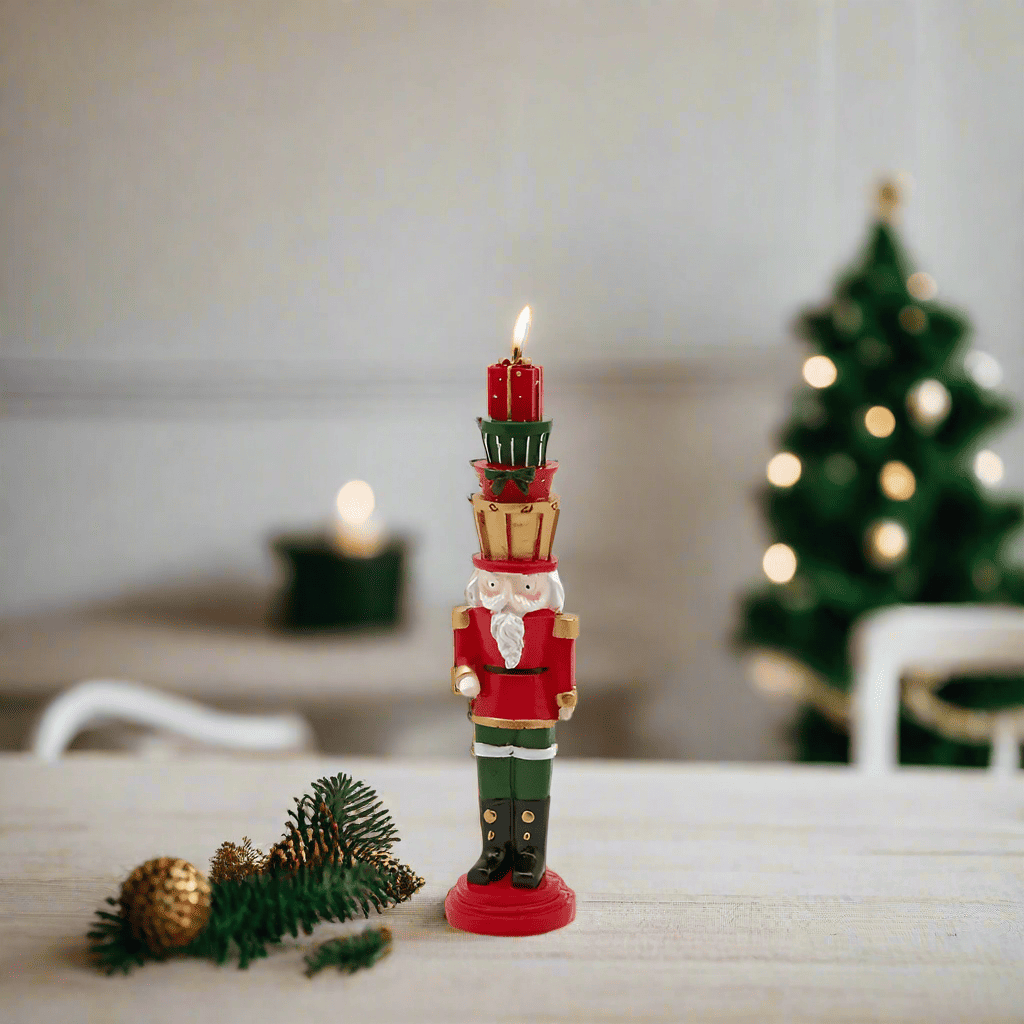 Large Christmas candle as a grenadier with gifts H 8.6"