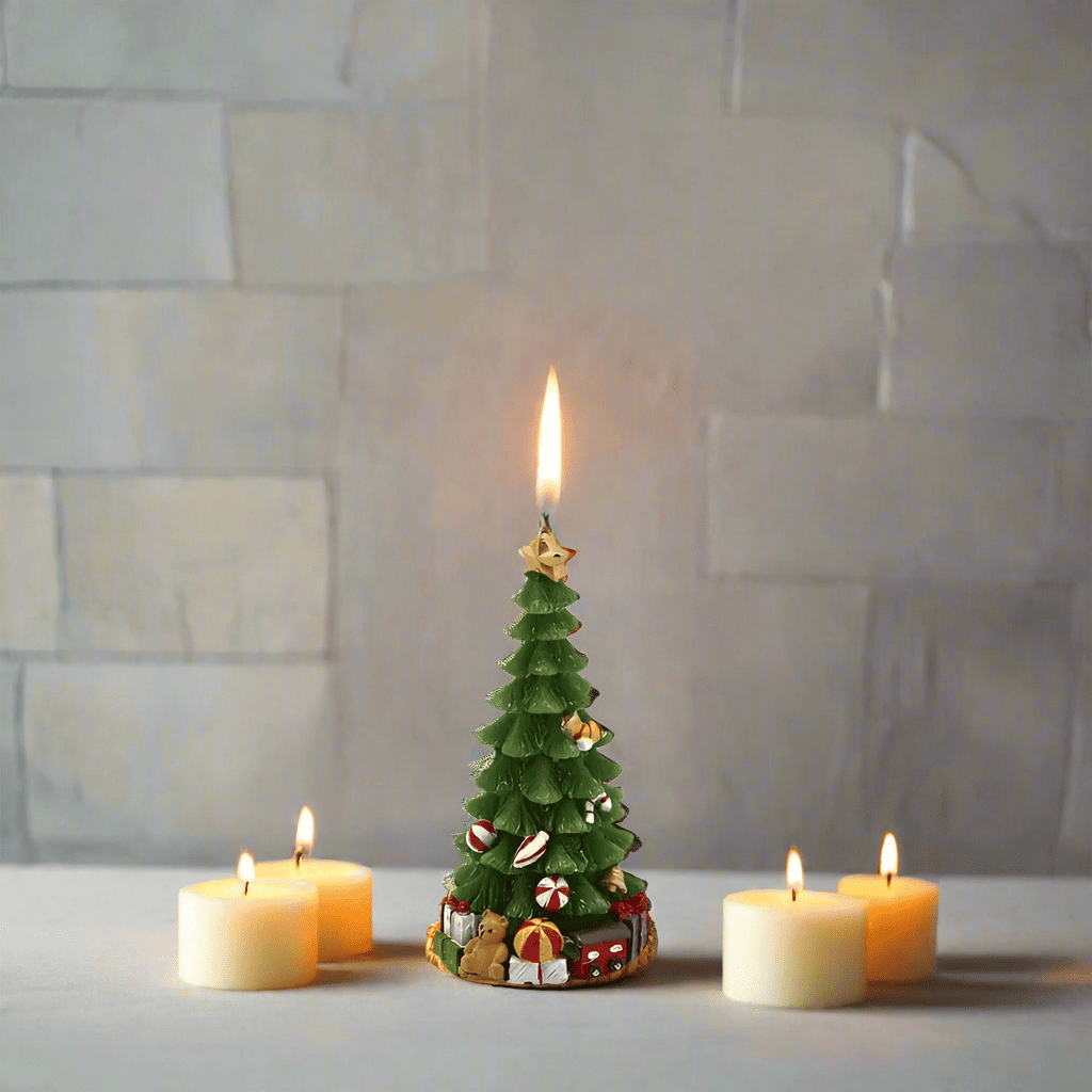 Small Christmas tree candle with Christmas presents H 4.9"