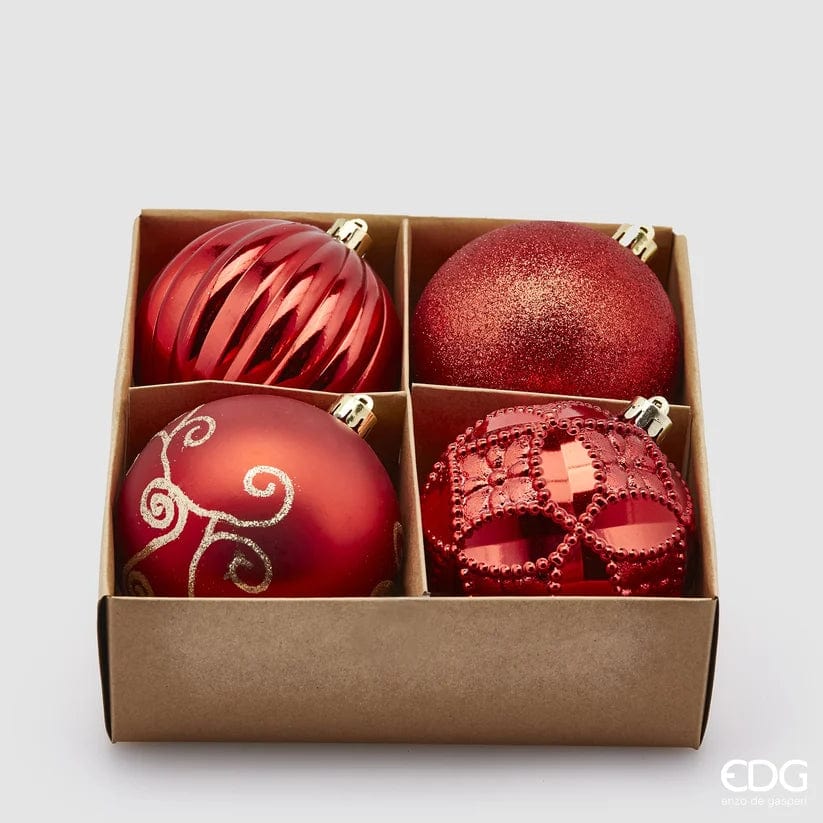 Set of 4 decorative, decorated Christmas balls red Ø 3.9"
