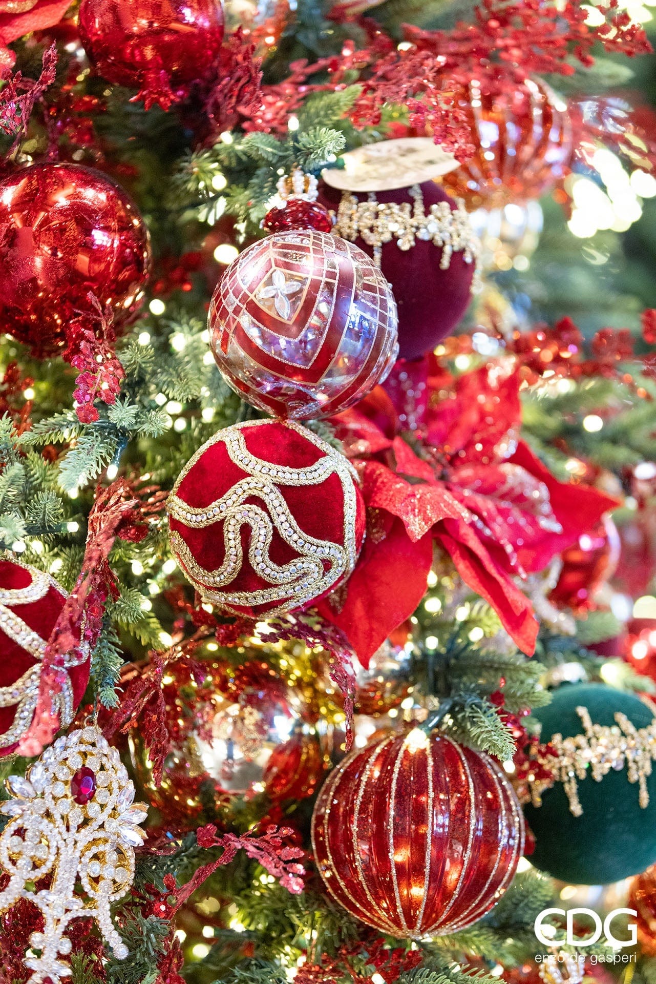 Christmas ball with red velvet, crystals and decorative ribbons - Ø 3.9"