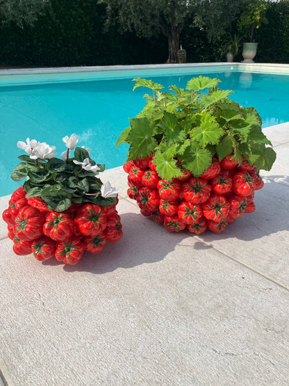 Designer vases ceramic red decorated with red tomatoes H 5.85" or H 9.6"