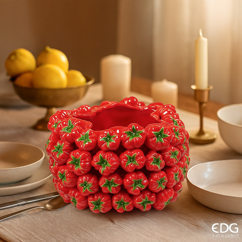 Designer vases ceramic red decorated with red tomatoes H 5.85" or H 9.6"