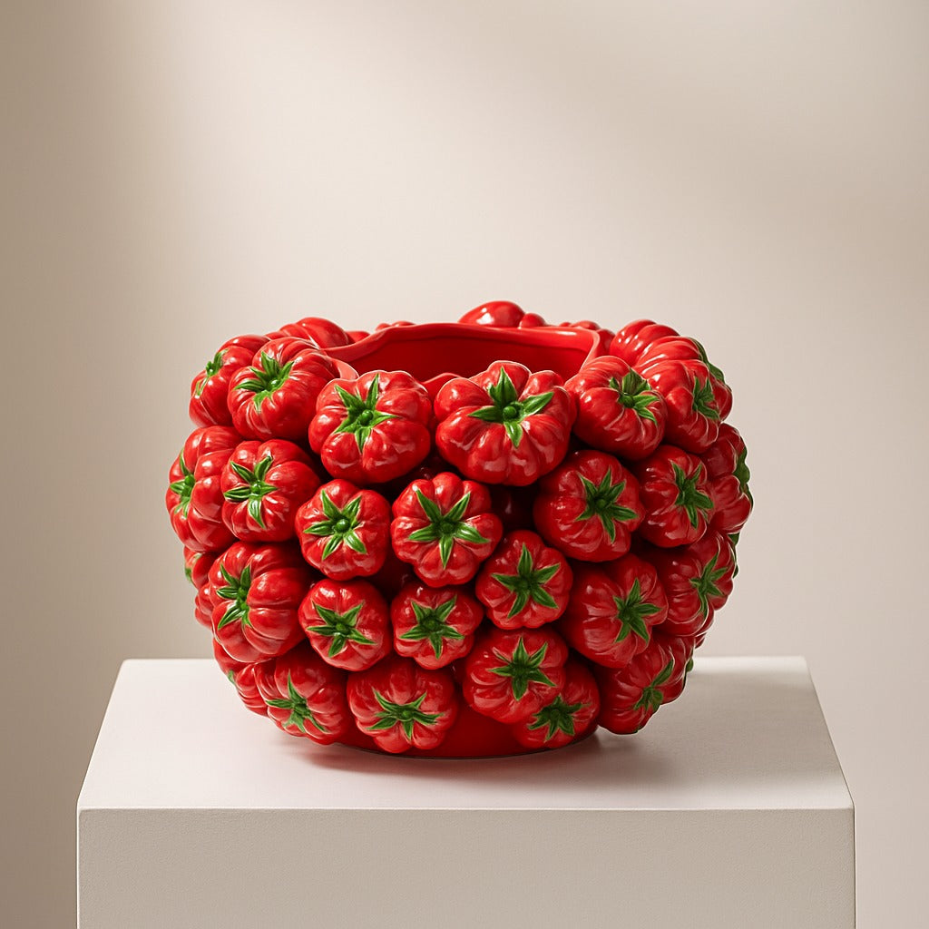 Designer vases ceramic red decorated with red tomatoes H 5.85" or H 9.6"
