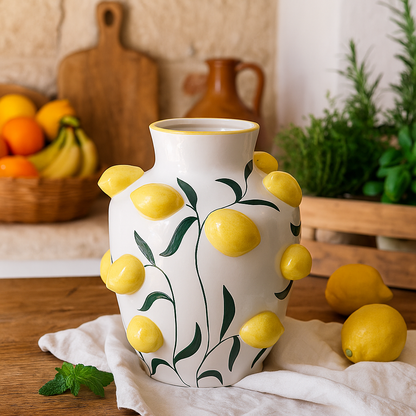 White ceramic vase decorated with lemons – H 12.20 in Ø 10.23 in – Handmade