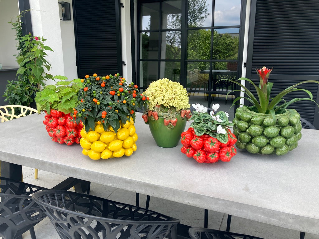 Designer vases ceramic red decorated with red tomatoes H 5.85" or H 9.6"