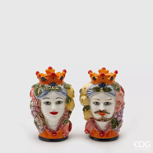 2 Sicilian heads with crowns as ceramic vases - H 5.5"