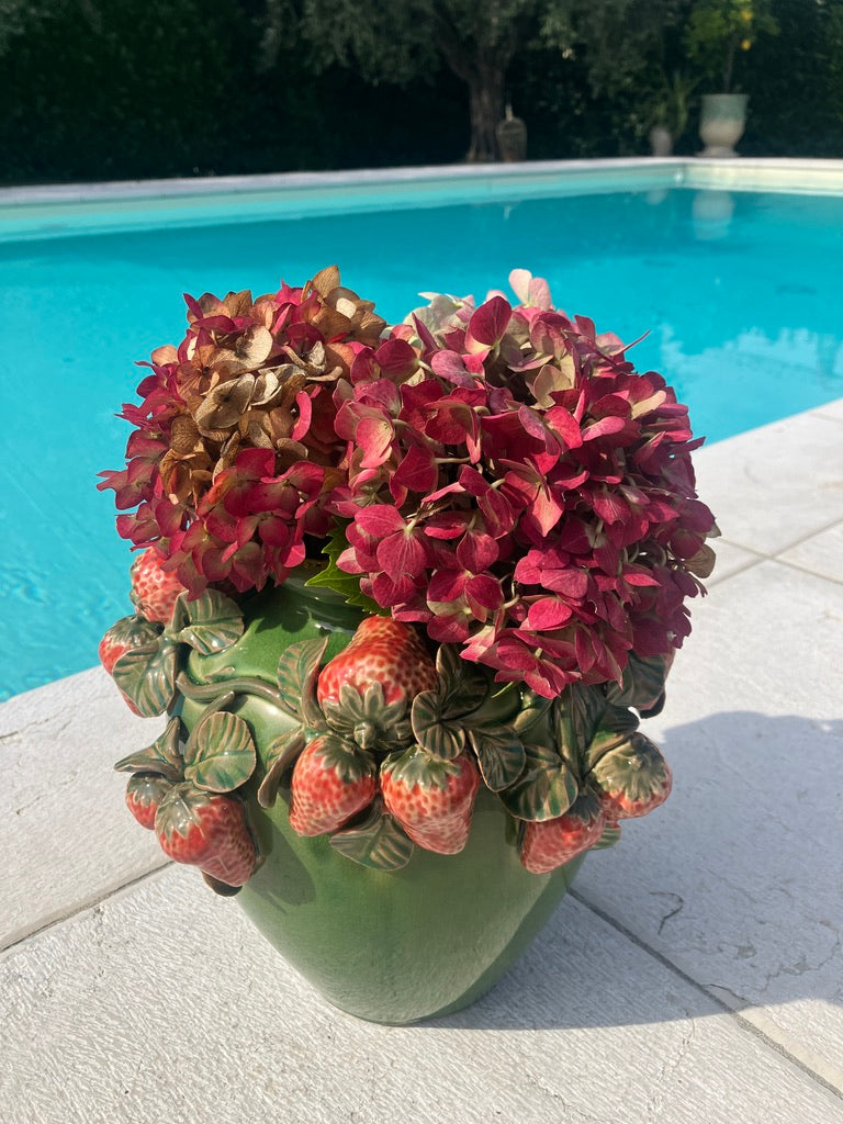 Green ceramic vase with strawberry pattern H 10.43 in Ø 10.62 in Handmade