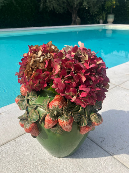 Green ceramic vase with strawberry pattern H 10.43 in Ø 10.62 in Handmade