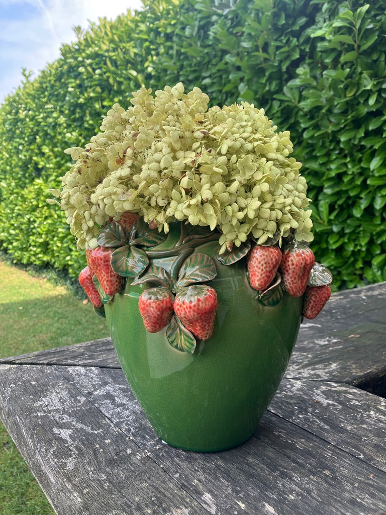 Green ceramic vase with strawberry pattern H 10.43 in Ø 10.62 in Handmade