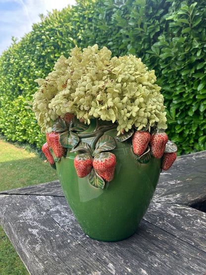 Green ceramic vase with strawberry pattern H 10.43 in Ø 10.62 in Handmade