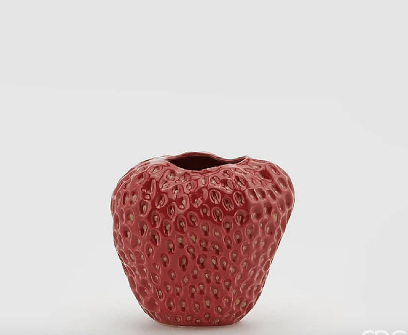 Strawberry vase glazed ceramic H 6.24" Ø 6.63" decorative dark red