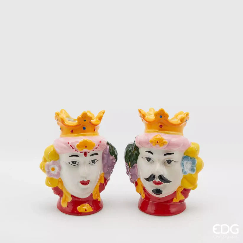 Two Sicilian heads with crowns as ceramic vases - H 5.1"