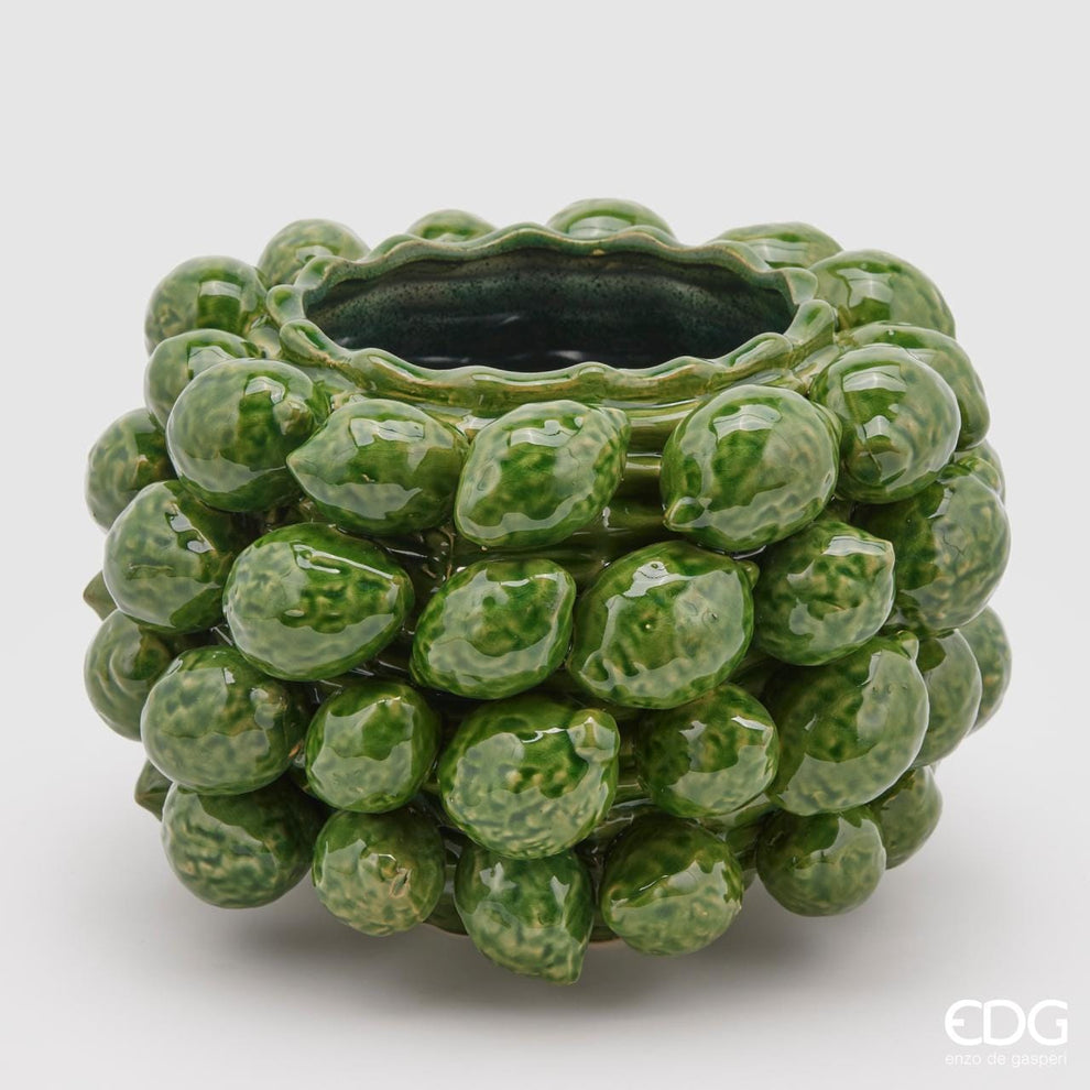 Lemon vase decorated with green lemons or limes - ceramic H 8" Ø 12"