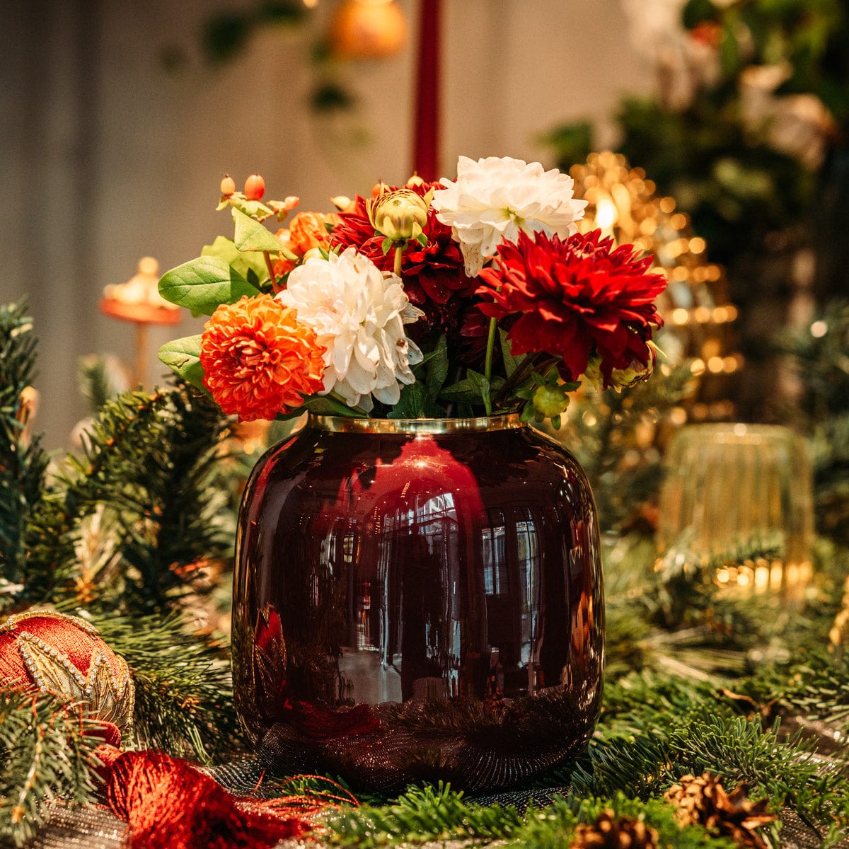 Designer vase made of glass burgundy red with gold rim H 6.29" Ø 6.69"