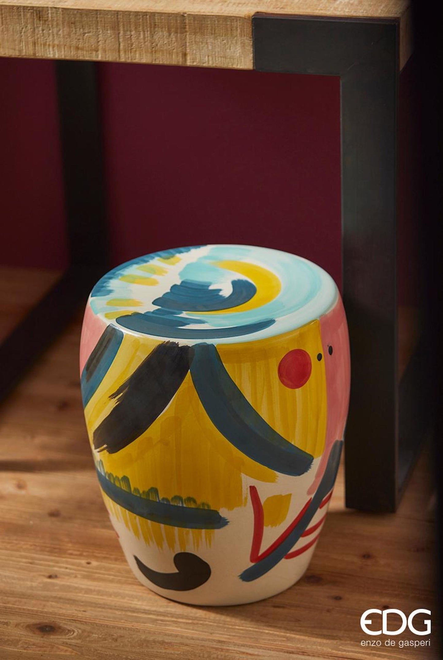 Stool - painted ceramic Height 16.8" Ø 14.8" Ethnic motif