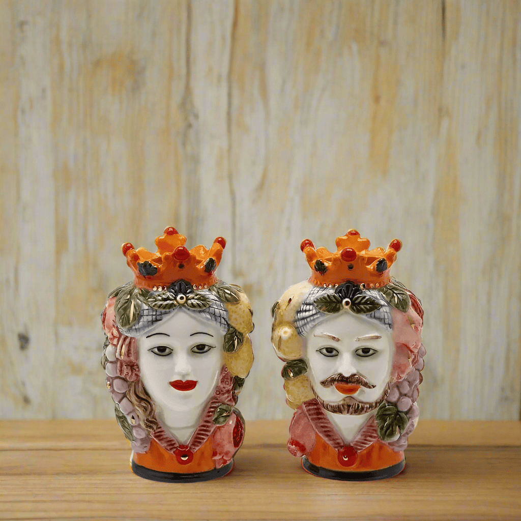 2 Sicilian heads with crowns as ceramic vases - H 5.5"