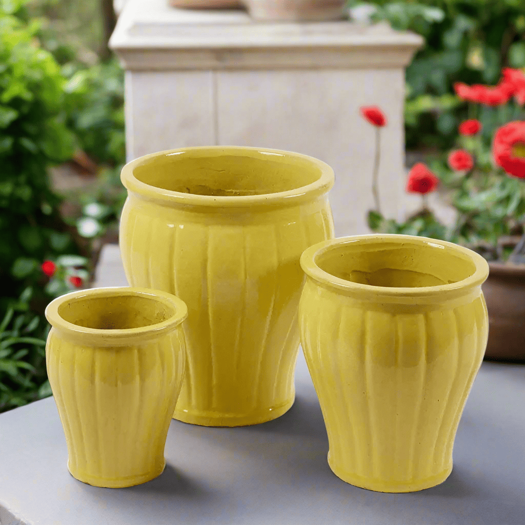 Set of 3 Mediterranean floor vases in yellow - antique design frost-proof