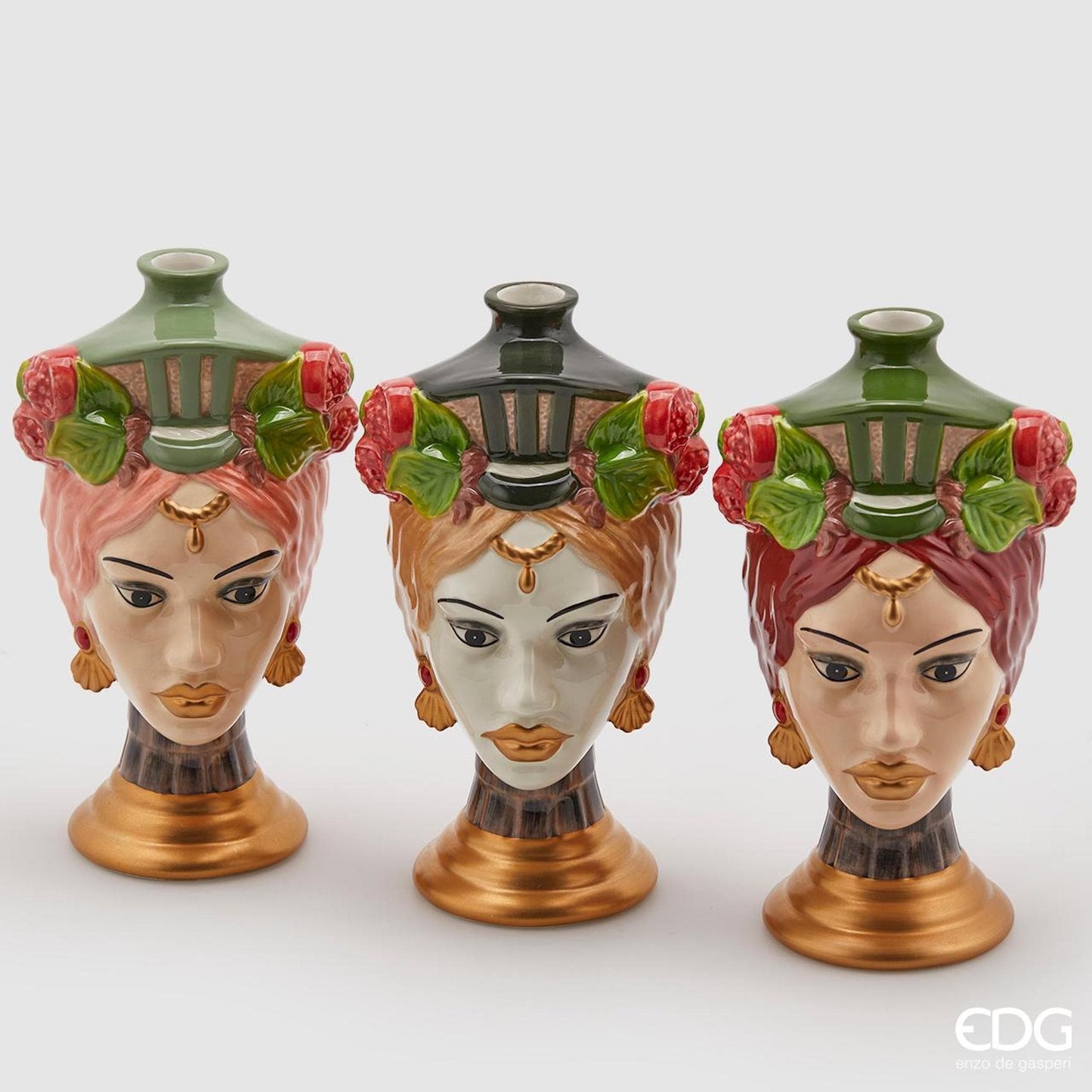 Set of 3 room sents vessels Sicilian women's heads - H 10.1" Ø 5.5"