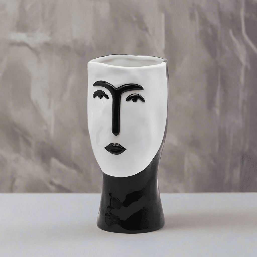 Flower vase with woman's face - painted ceramic H 9.4" Ø 5.1"