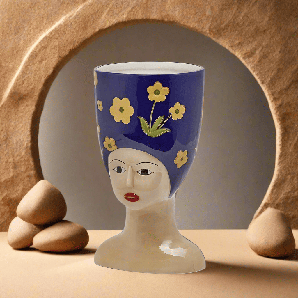 Decorative vase woman's head from Sicily - glazed ceramic H 13.4" Ø 7.9/6,7"