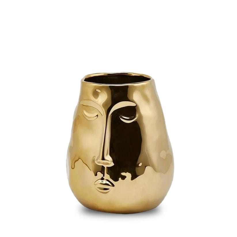 Decorative vase high gloss gold with face made of ceramic H 7.5" Ø 6.7"