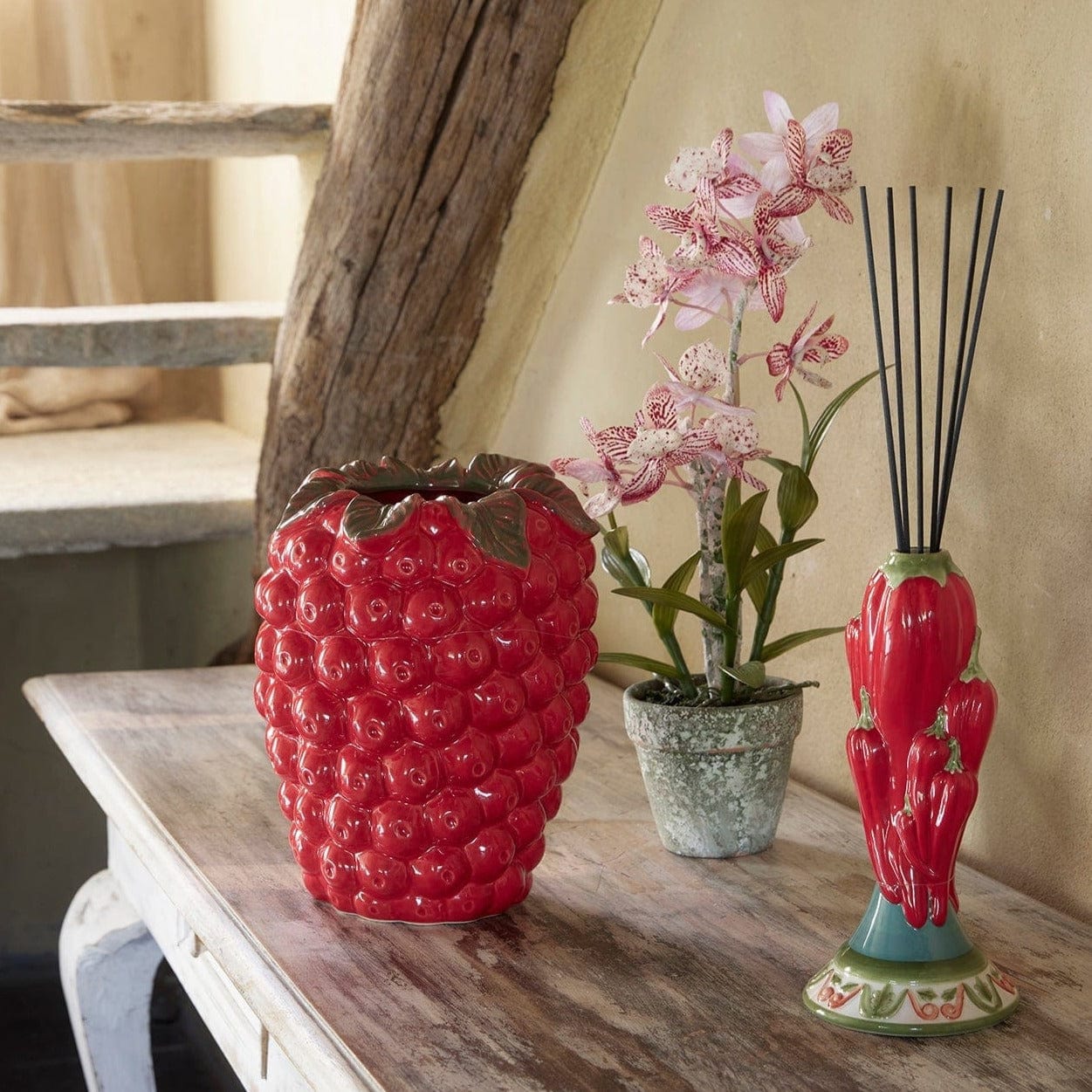 Designer vase in the shape of a raspberry - glazed ceramic H 13" Ø 10" red