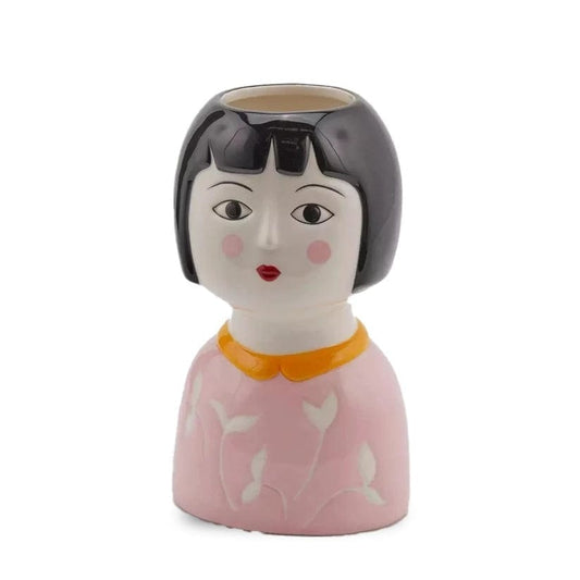 Decorative vase Italian woman with pink sweater - glazed ceramic H 8.7" Ø 5.2"