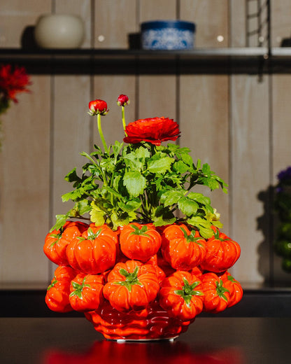 Designer vases ceramic red decorated with red tomatoes H 5.85" or H 9.6"