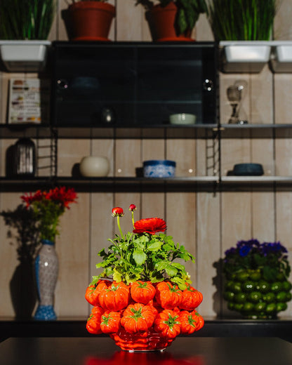 Designer vases ceramic red decorated with red tomatoes H 5.85" or H 9.6"