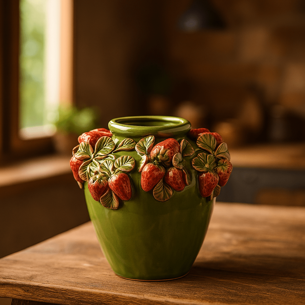 Italiving Ceramic Vase Green Ceramic Vase with Strawberry Pattern – H 10.43 in Ø10.62 in – Handmade