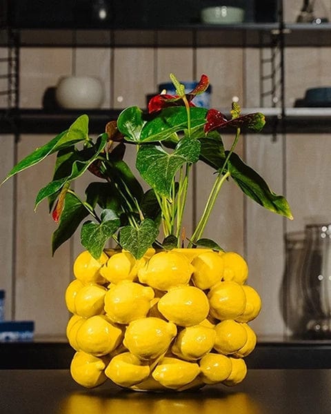 Lemon vase with yellow lemons - glazed ceramic height 8.7" Ø 12"