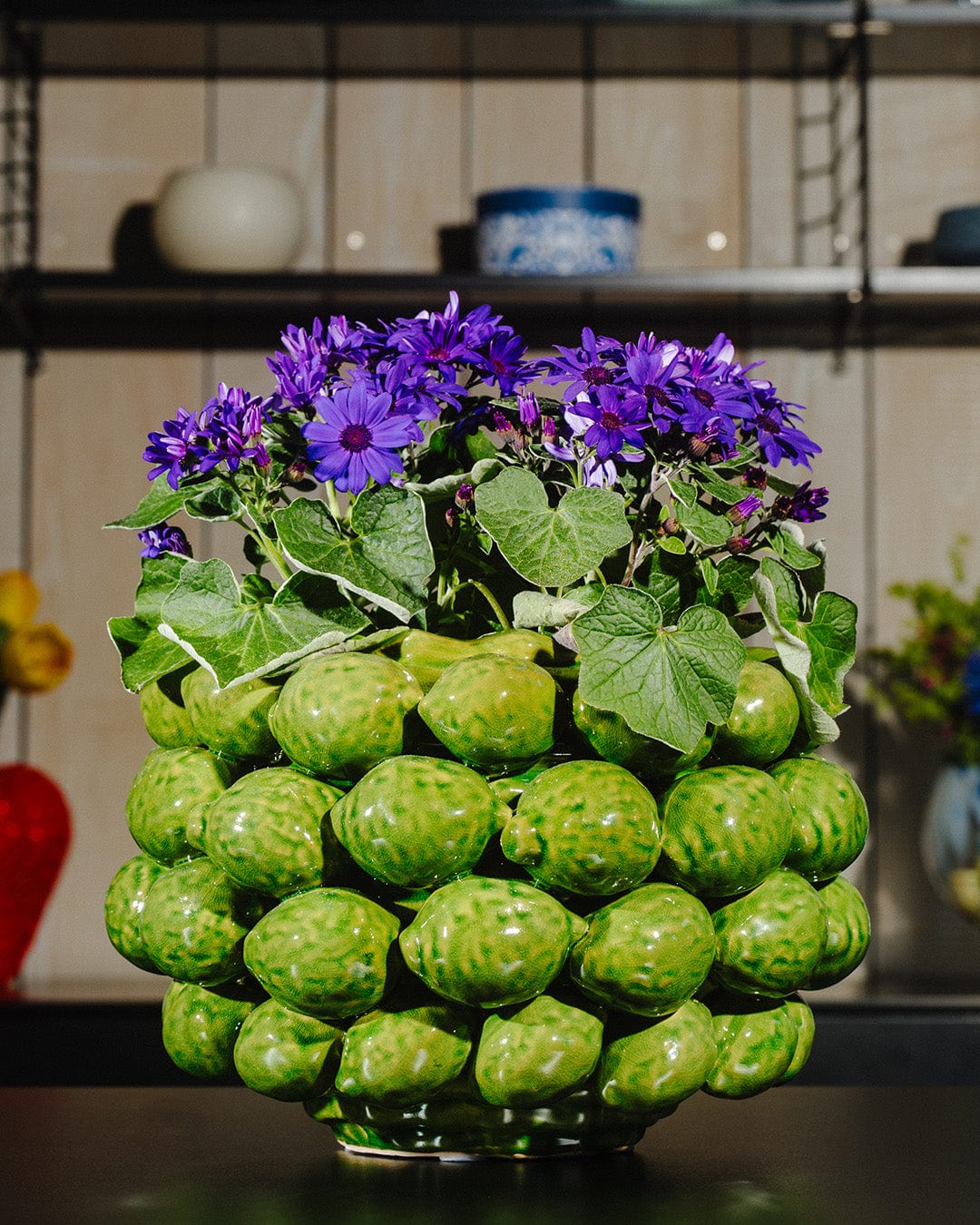 Lemon vase decorated with green lemons or limes - ceramic H 8" Ø 12"