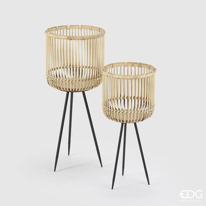 Set of 2 natural bamboo lanterns on high legs, height 25" and 21"