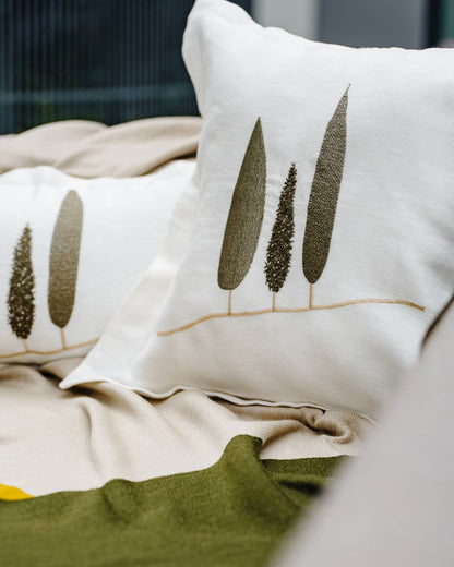 Cushion cover white, with cypresses embroidery - 50Co/50Li Made in Italy