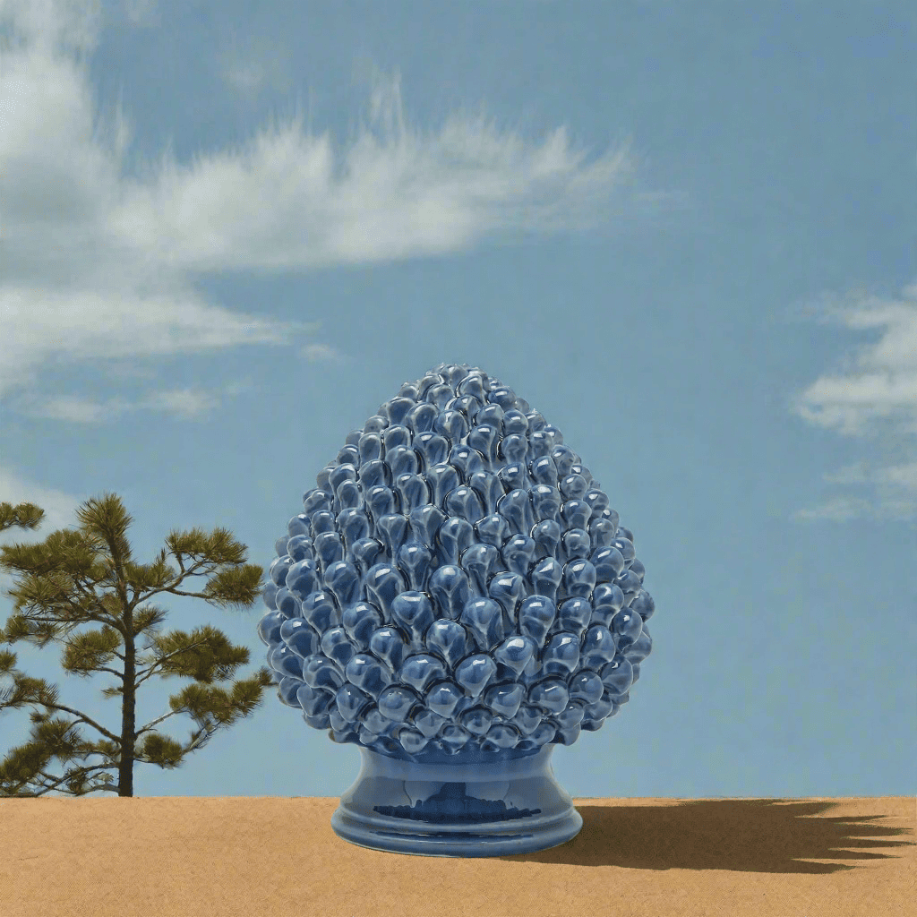 Pine cone in ocean blue ceramic H 9.8" Ø 7.7"