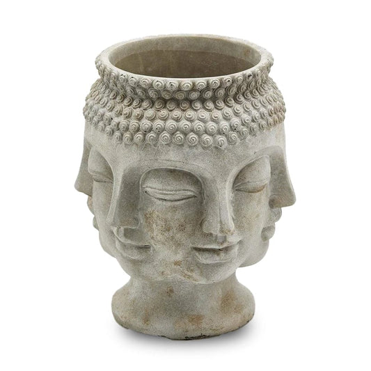 Room decoration vase with Buddha heads - cement grey H 9.8" Ø 7.8"