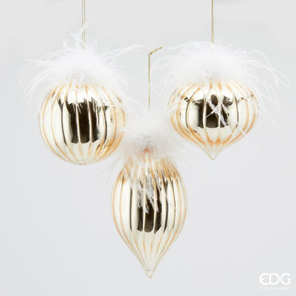 3 Designer balls gold with feathers - festive decorative balls glass Ø 3.9"